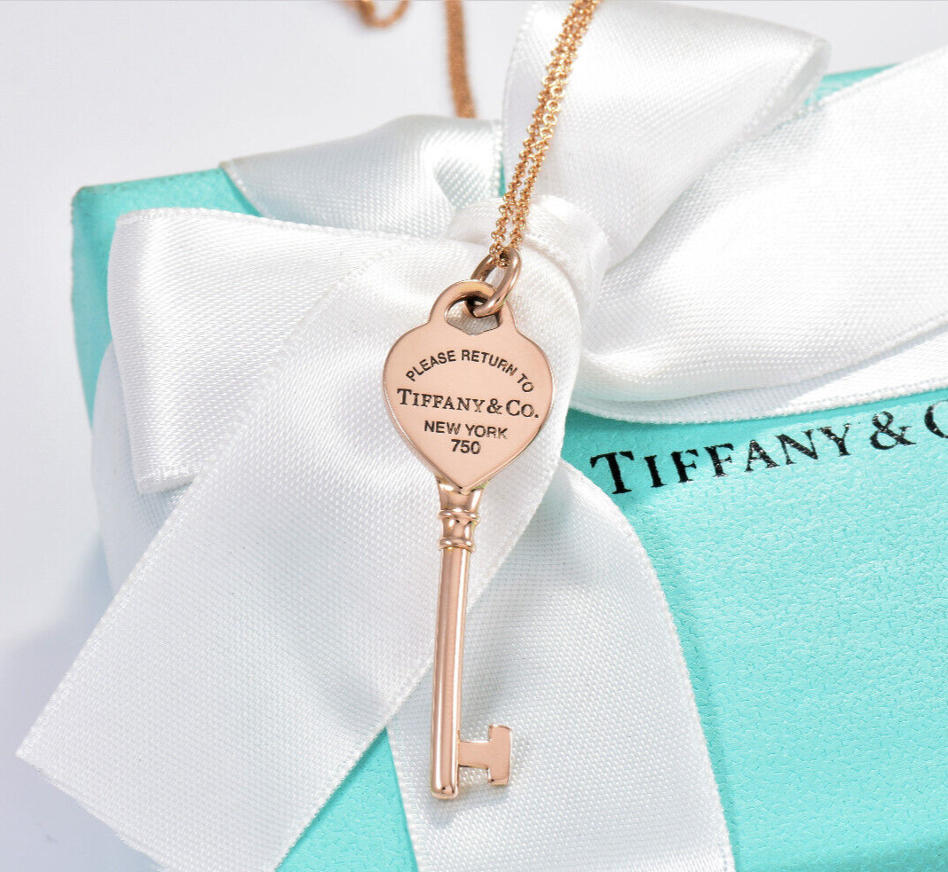 Please Return To Tiffany & Co 18K Rose Gold Heart Key Pendant 18" Necklace Boxed