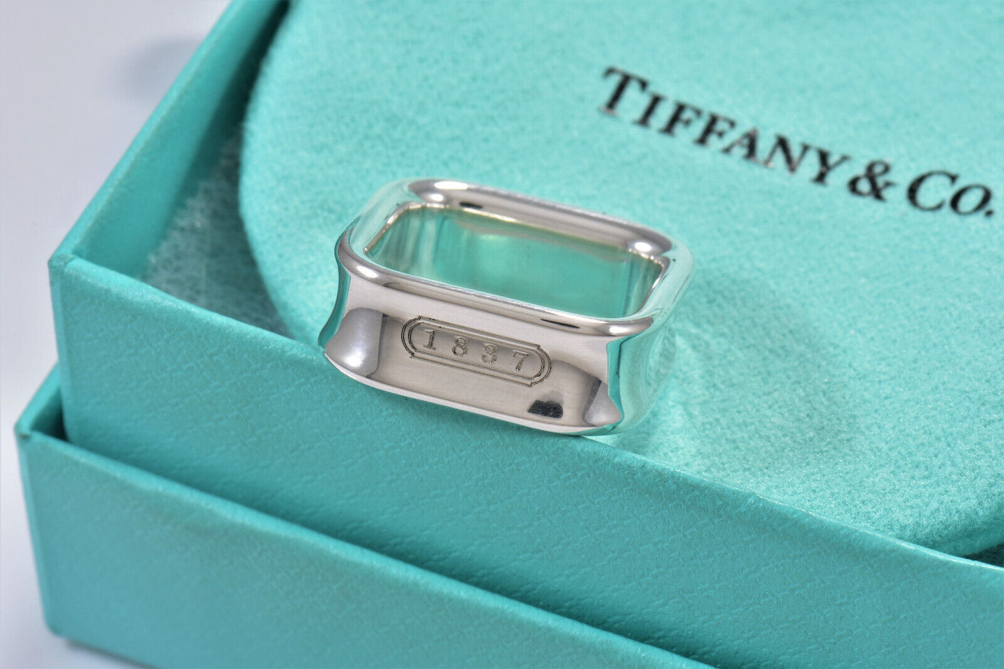 Tiffany & Co 1837 Sterling Silver Square Wide Band Ring Size 7 in Pouch Rare