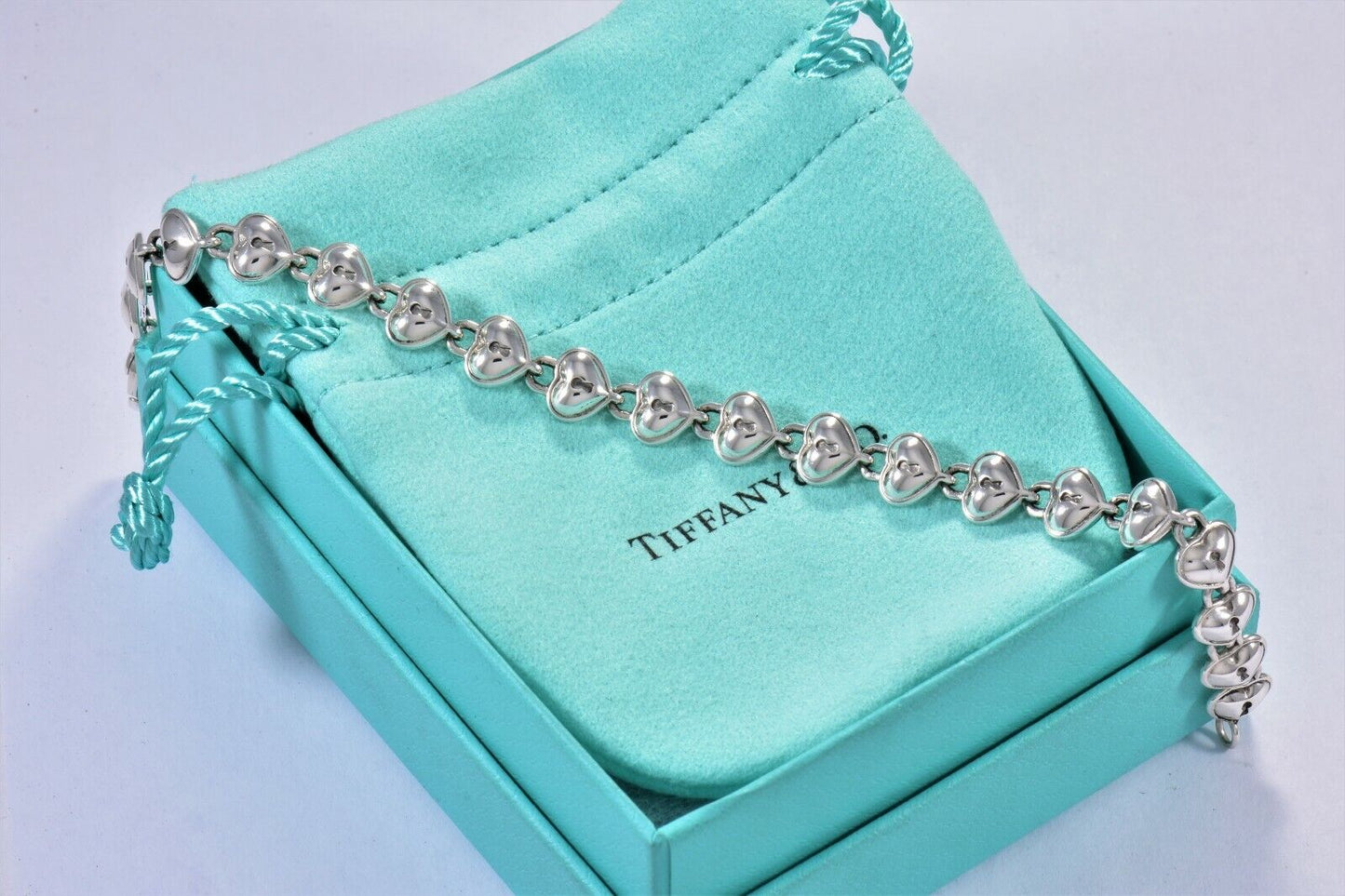 Vintage Tiffany & Co Italy Silver Heart Padlock Link Bracelet & Pouch Lock Charm