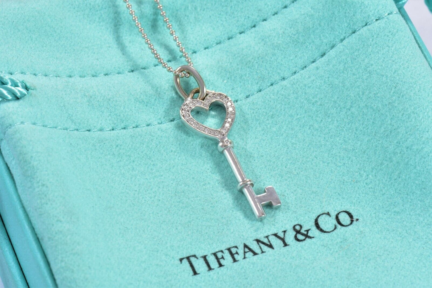 Tiffany & Co Diamond 18K White Gold Heart Key Pendant Bead Chain Necklace in Box