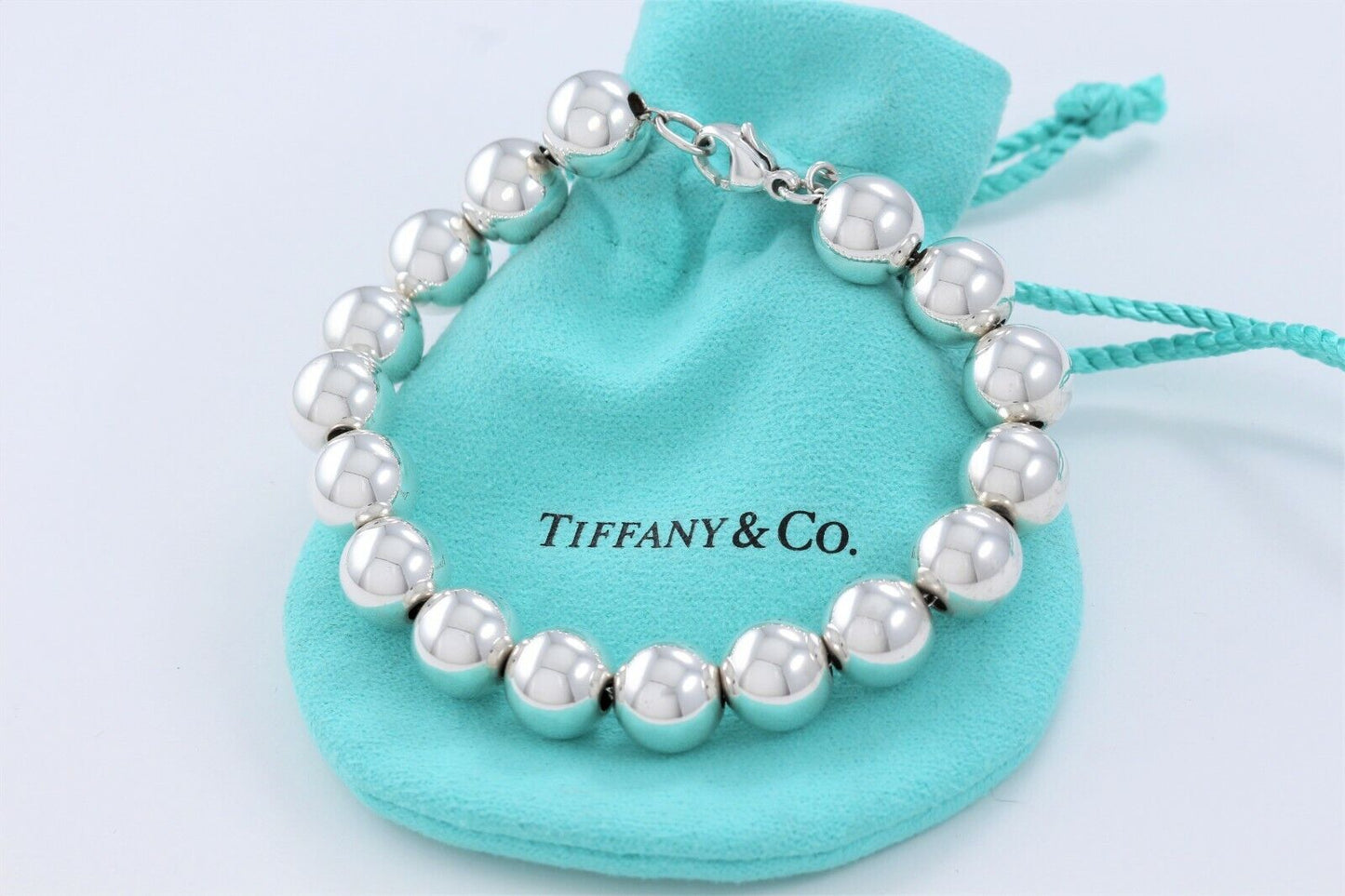 Tiffany & Co Sterling Silver HardWear Ball 10mm Bead Bracelet 7.5" and Pouch