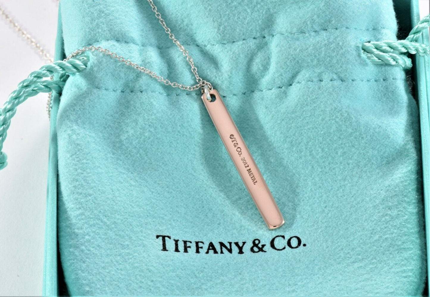 Tiffany & Co Rubedo Gold Sterling Silver 1837 Thin Bar Pendant Necklace in Pouch