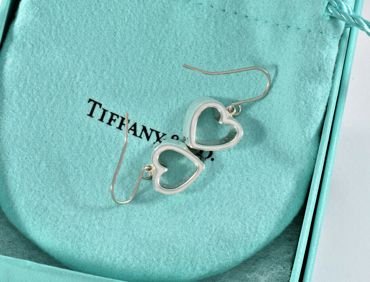 Tiffany & Co Silver Geometric 3D Heart Stencil Dangle Hook Earrings in Pouch