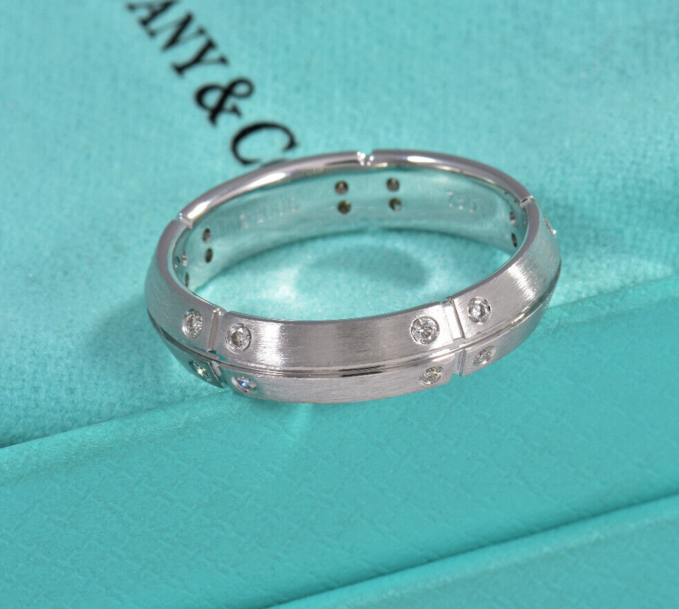 Tiffany & Co 18K White Gold Diamond Streamerica 5.5mm Wide Band Size 9.25 Ring