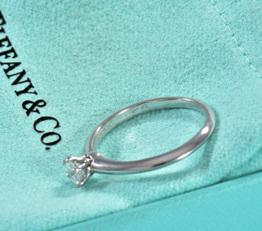 Tiffany & Co Platinum .24 ct Round Solitaire Diamond  Ring Size 5.5 in Box Pouch