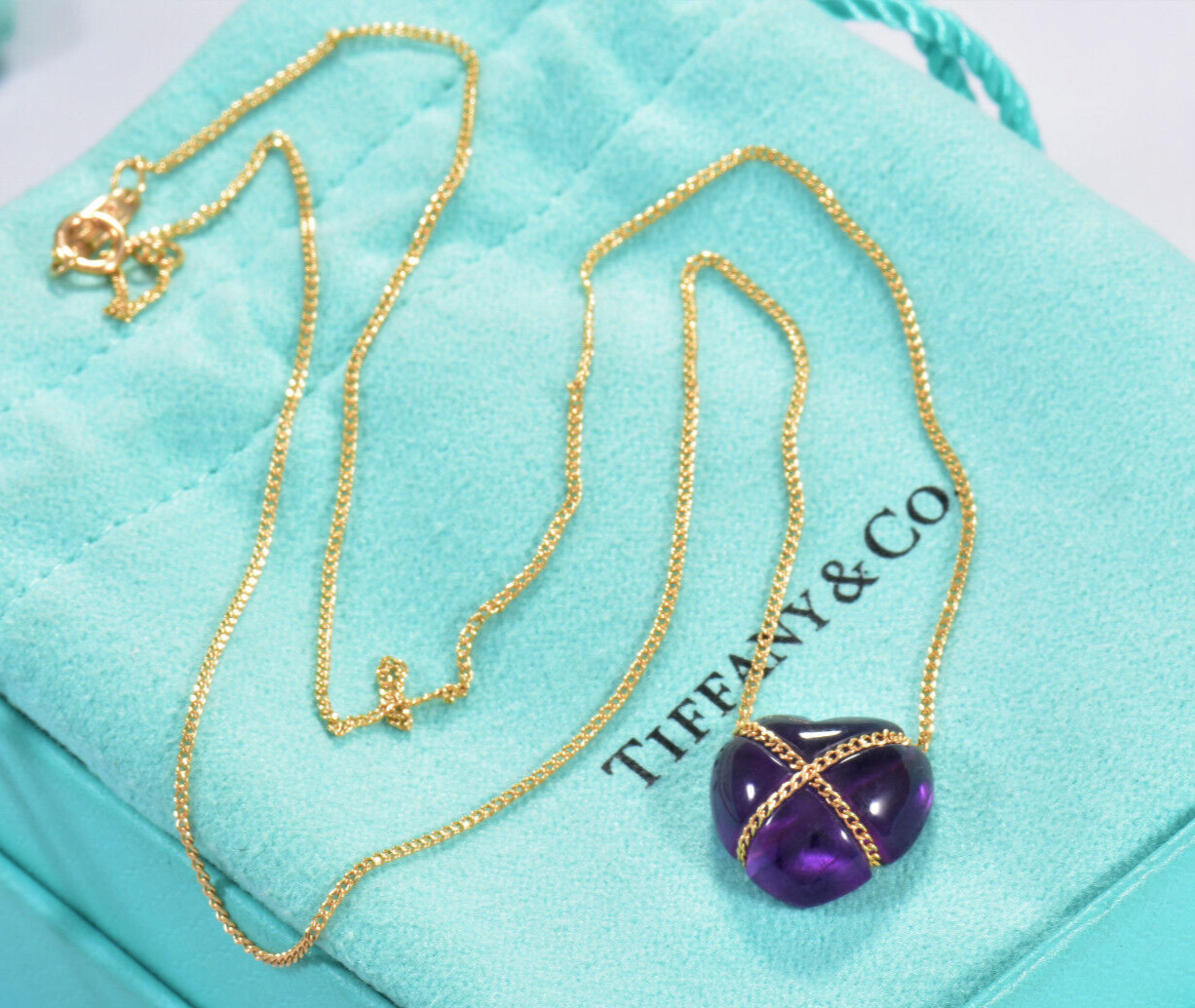 Tiffany & Co 18K Gold Amethyst Heart Pendant 18" Fringe Chain Necklace Box Pouch