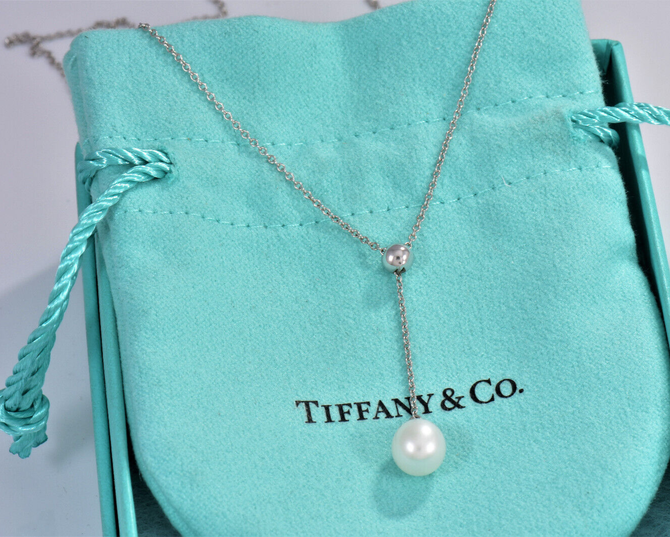 Tiffany & Co 18K White Gold Bead Pearl Drop Pendant Dangle Necklace in Box Pouch