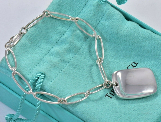 Tiffany & Co Silver Elsa Peretti Square Tag Charm 7.3" Oval Chain Bracelet Pouch