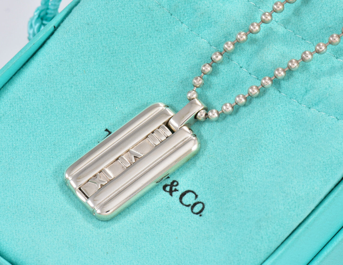 Tiffany & Co Silver Atlas DogTag Pendant 20.25" Bead Chain Necklace in Pouch Men