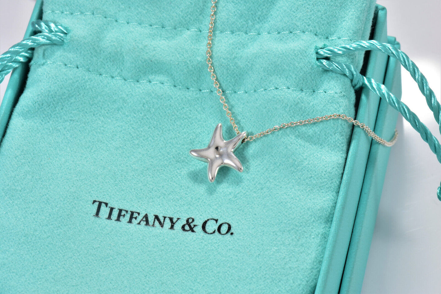 Tiffany & Co Silver Elsa Peretti Small Starfish Pendant 16" Necklace & Box Pouch