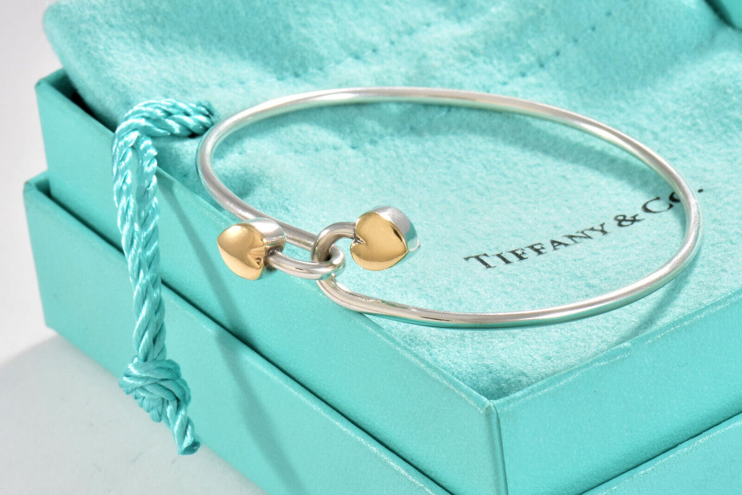 Tiffany & Co 18k Gold Silver Double Heart Hook Bracelet in Box Pouch Bangle Rare