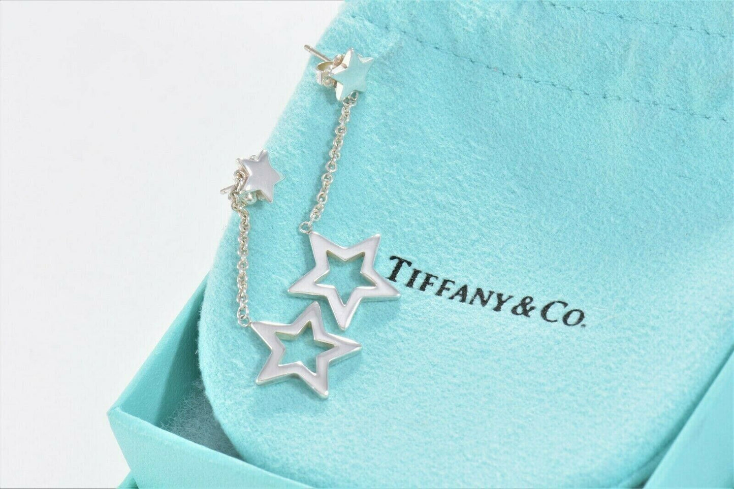 Tiffany & Co Sterling Silver Star Lariat Dangling Earrings in Box Pouch Rare