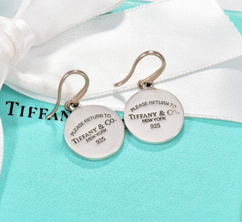 Please Return To Tiffany & Co Silver Round Disk Circle Hook Earrings & Box Pouch