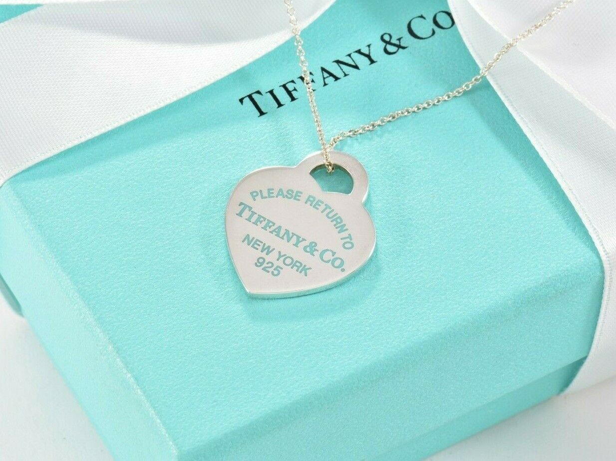 Please Return To Tiffany & Co Silver Heart Blue Enamel Letters 16" Necklace Rare