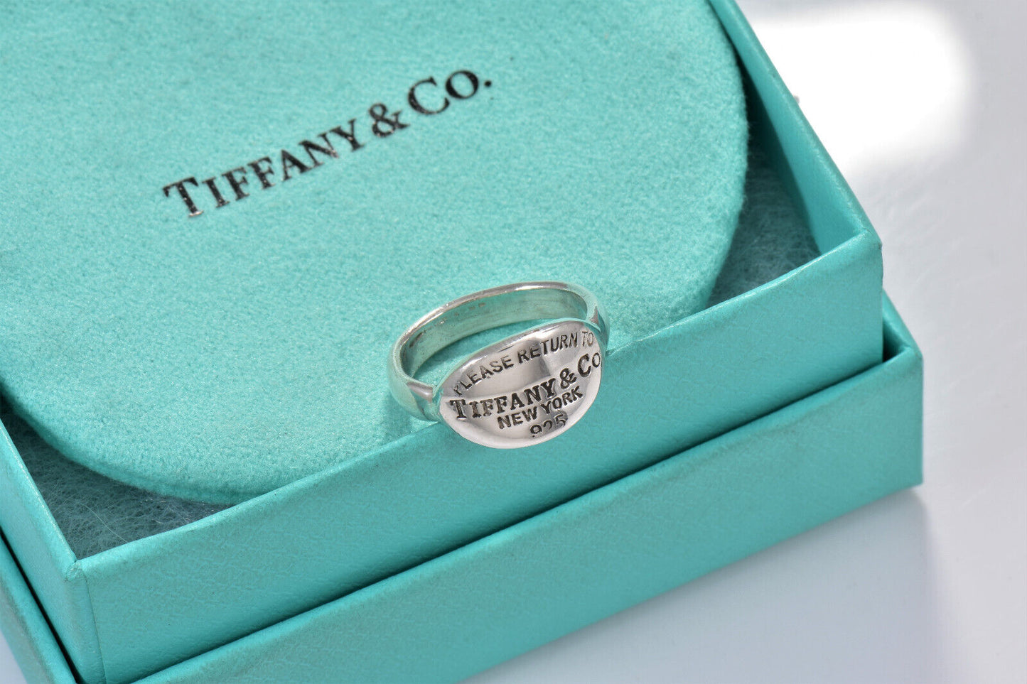 Please Return To Tiffany & Co Silver Oval Signet Band Ring Size 4.5 & Pouch Rare