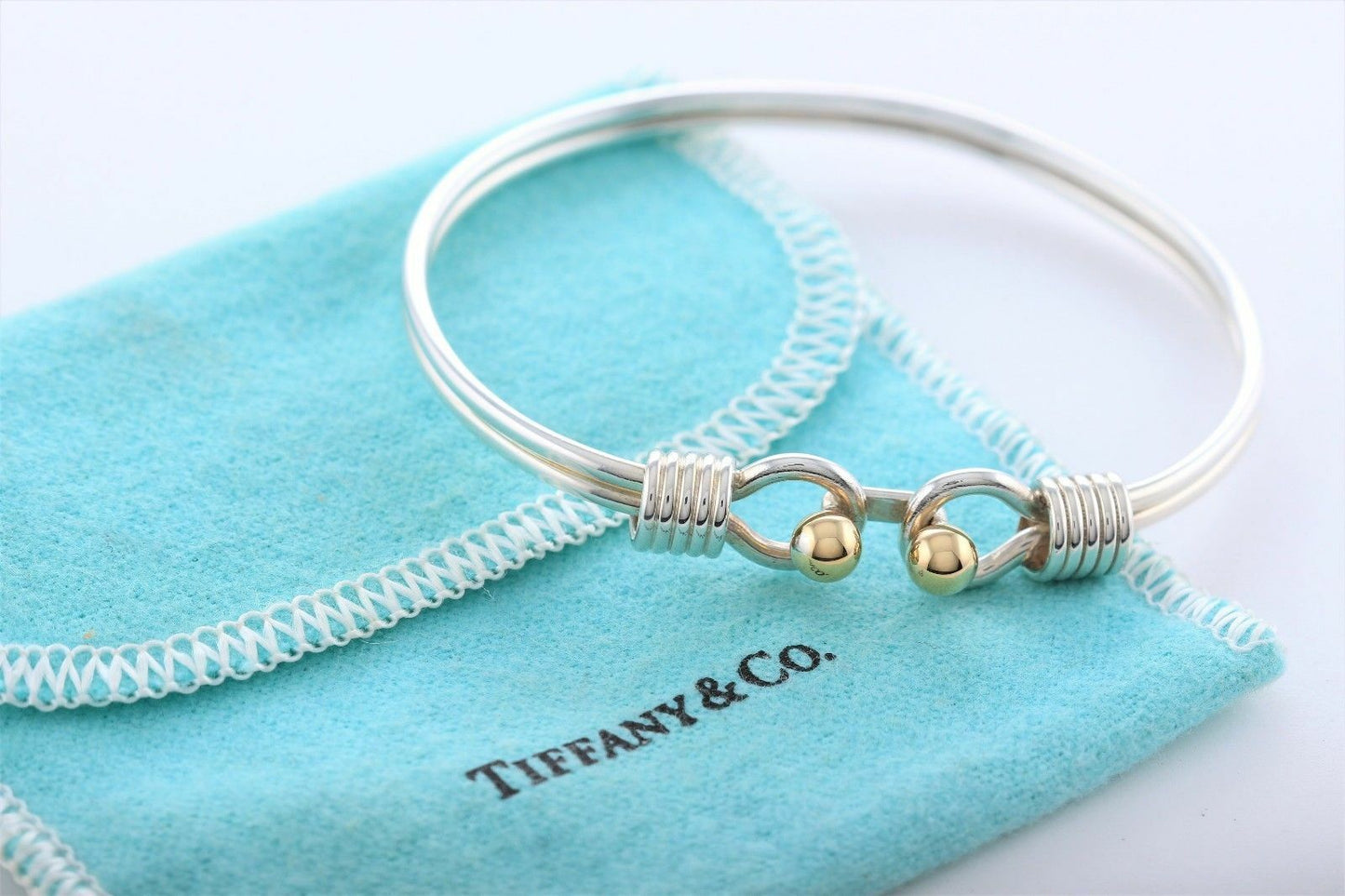 Vintage Tiffany & Co Silver 18K Gold Ball Coil Hook Bangle 6.6" Bracelet Cuff