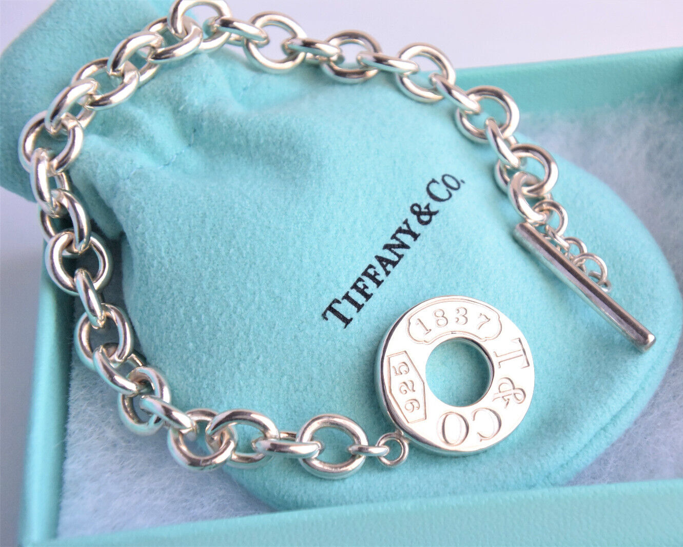 Tiffany & Co Sterling Silver 1837 Toggle Chain Link 7.5" Bracelet in Pouch Rare