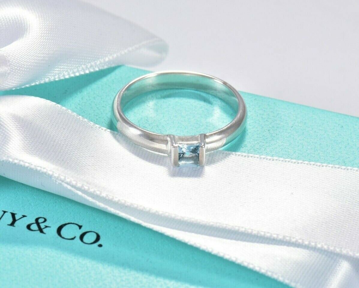 Tiffany & Co Sterling Silver Aquamarine Square Stack Band Ring Size 7.5 in Box