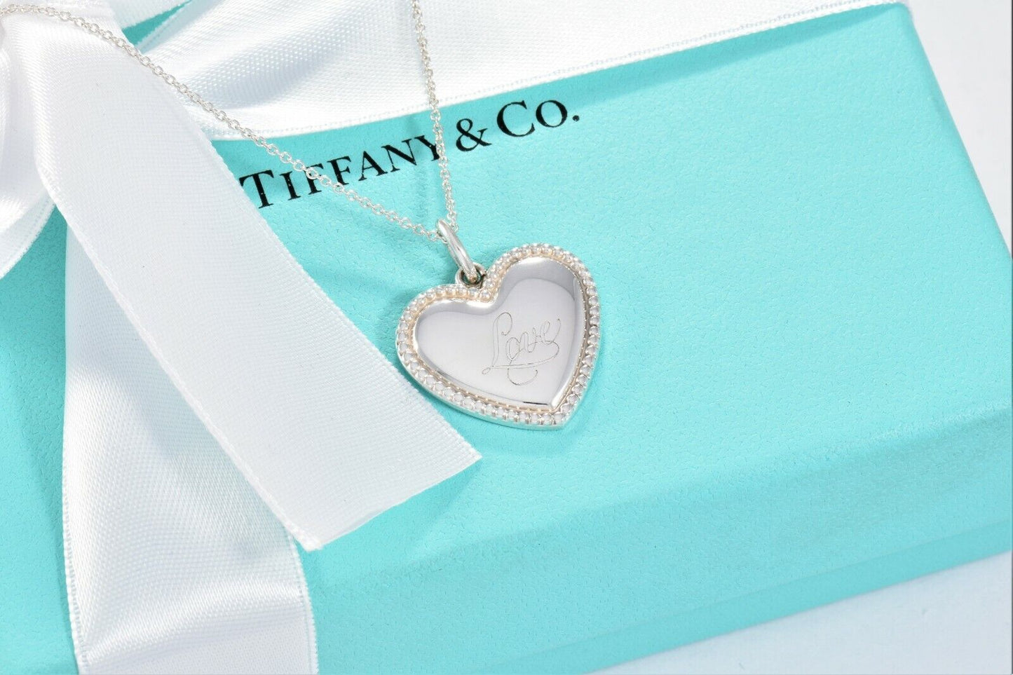 Tiffany & Co Silver Heart Love Signature Bead Pendant Necklace in Box Pouch Rare