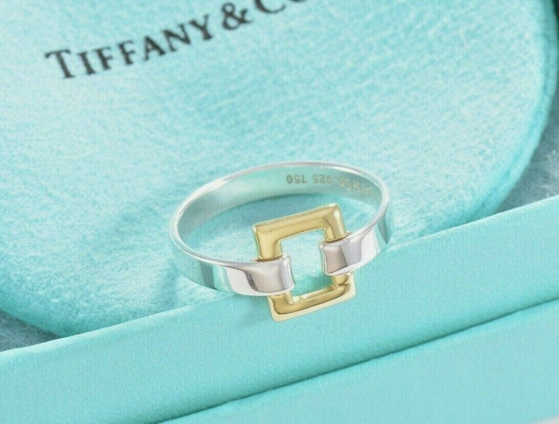 Vintage Tiffany & Co 18Kt Gold Silver Rectangle Buckle Ring Size 11.5 Square