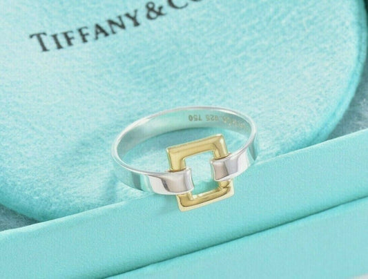 Vintage Tiffany & Co 18Kt Gold Silver Rectangle Buckle Ring Size 11.5 Square