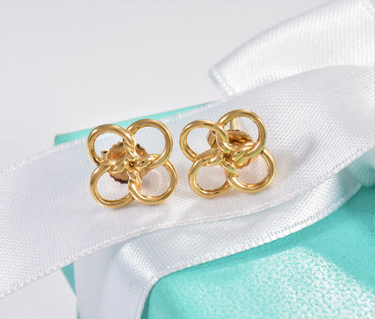 Tiffany & Co 18K Yellow Gold Elsa Peretti Quadrifoglio Earrings in Box Rare Luck