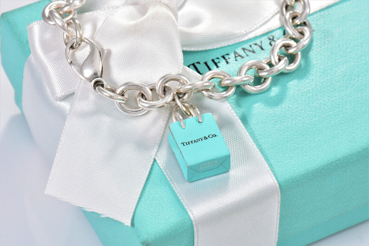 Tiffany & Co Silver Blue Enamel Shopping Bag Charm 7.75" Chain Link Bracelet