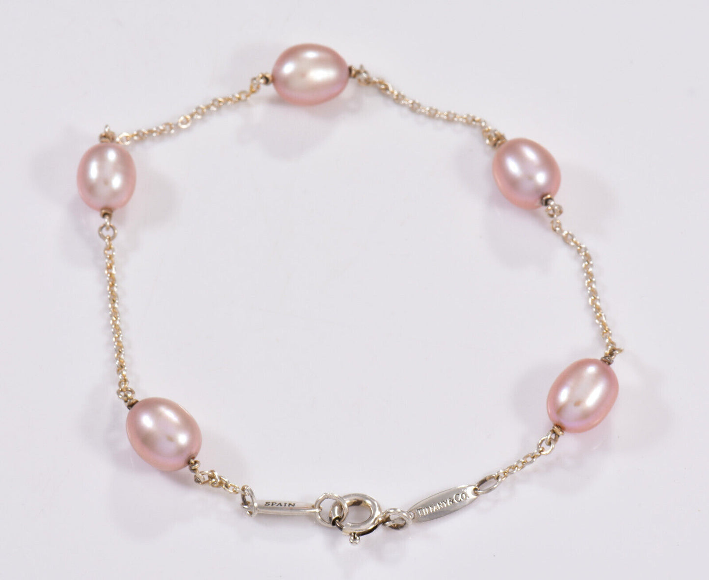 Tiffany & Co Silver Elsa Peretti 5 Pink Pearl By Yard 7.75" Bracelet in Pouch