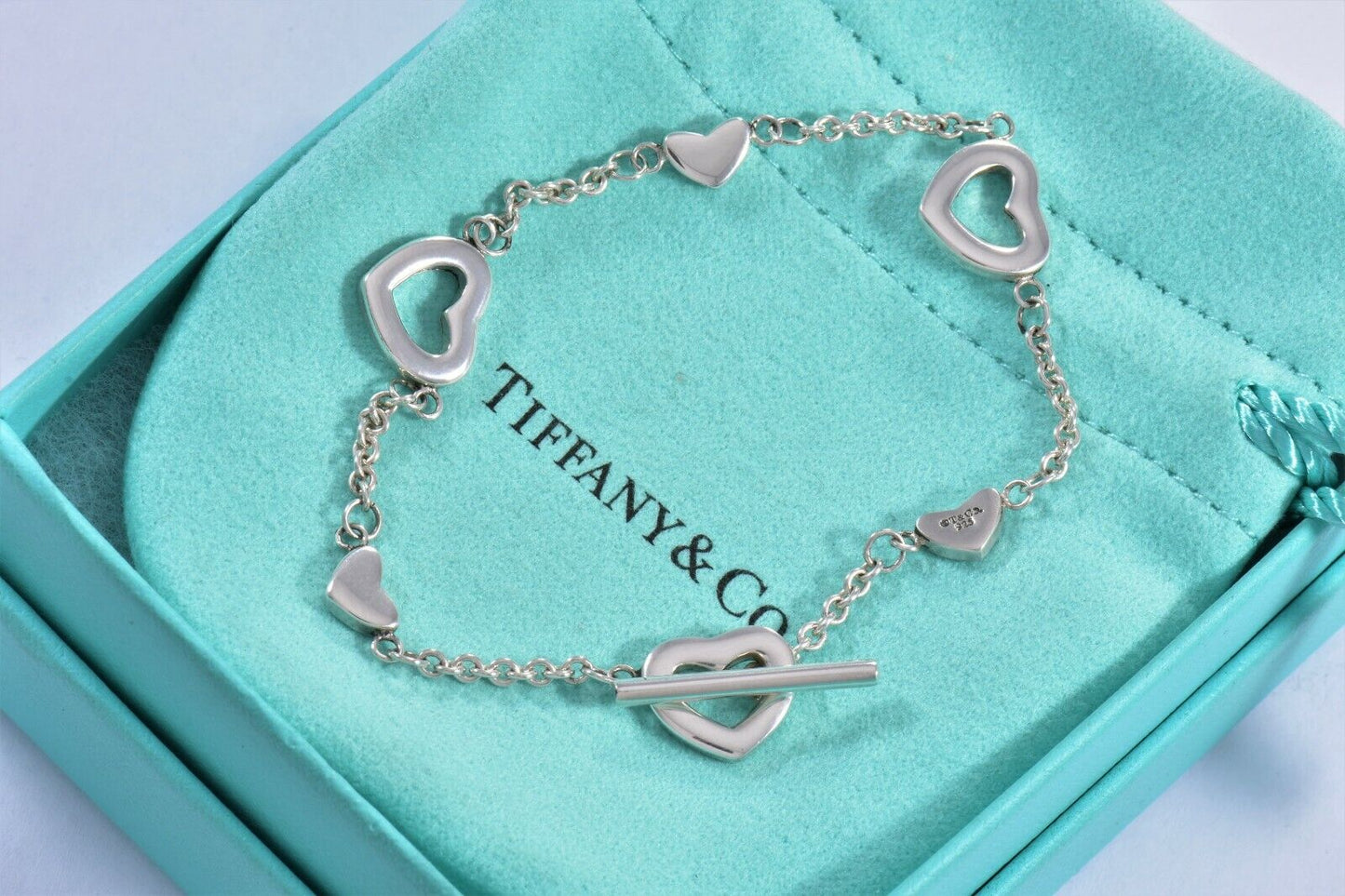 Tiffany & Co Silver Heart Lariat Toggle Chain 7" Bracelet & Pouch Rare Valentine