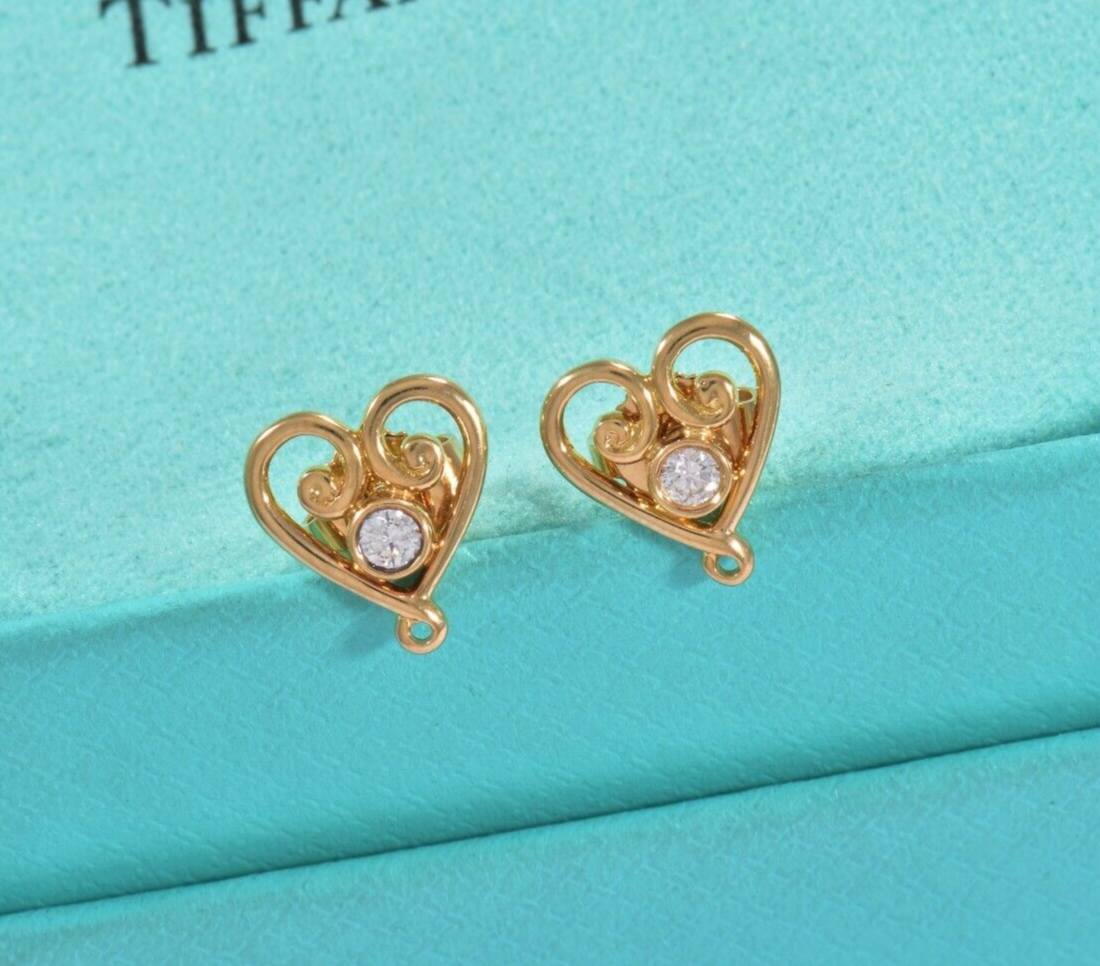 Tiffany & Co Diamond 18K Yellow Gold Picasso Venezia Goldoni Heart Earrings Box