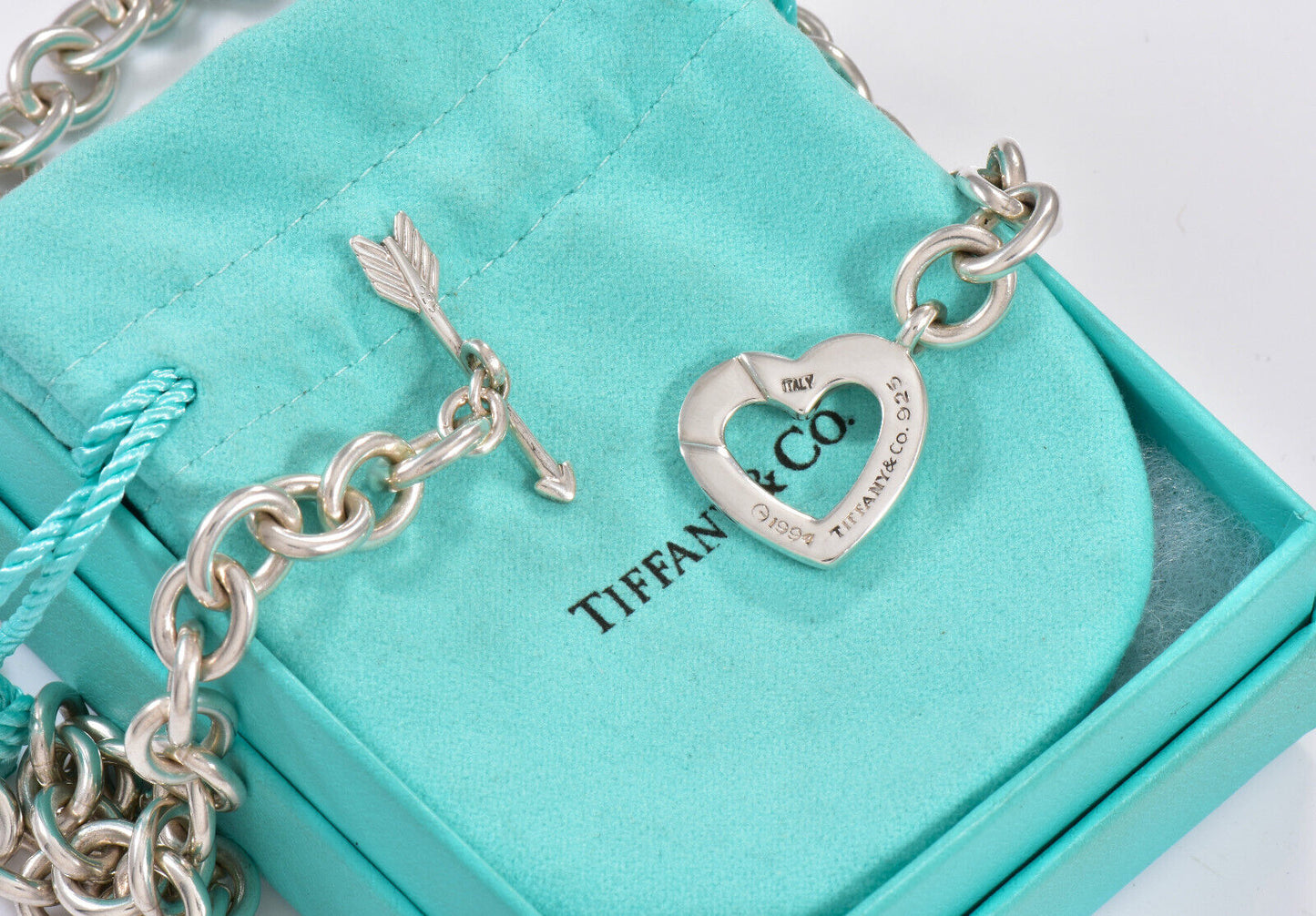 Vintage Tiffany & Co Silver Heart Arrow Toggle Chain 18" Necklace in Pouch Rare