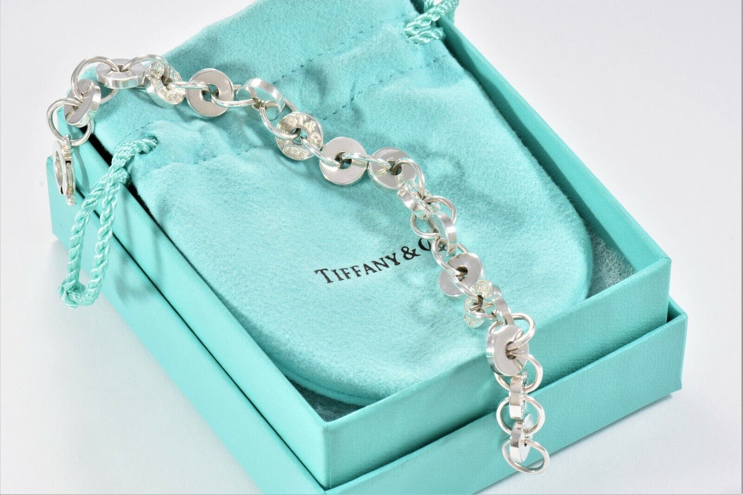 Tiffany & Co Italy Sterling Silver 1837 Disk Link Chain 7.7" Bracelet in Pouch