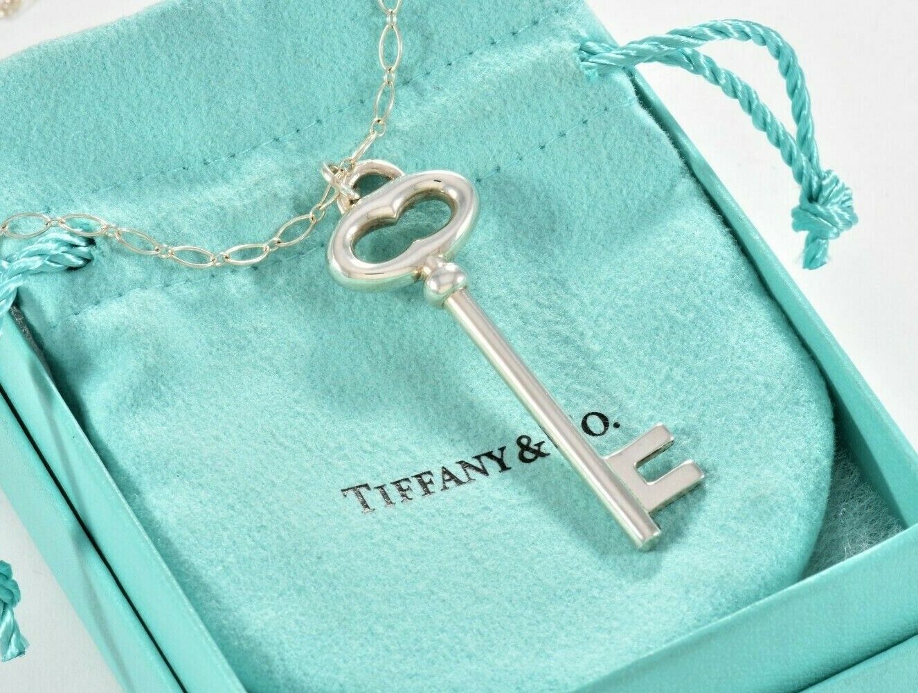 Tiffany & Co Silver Large 2" Oval Key Charm Pendant 18.5" Chain Necklace Pouch