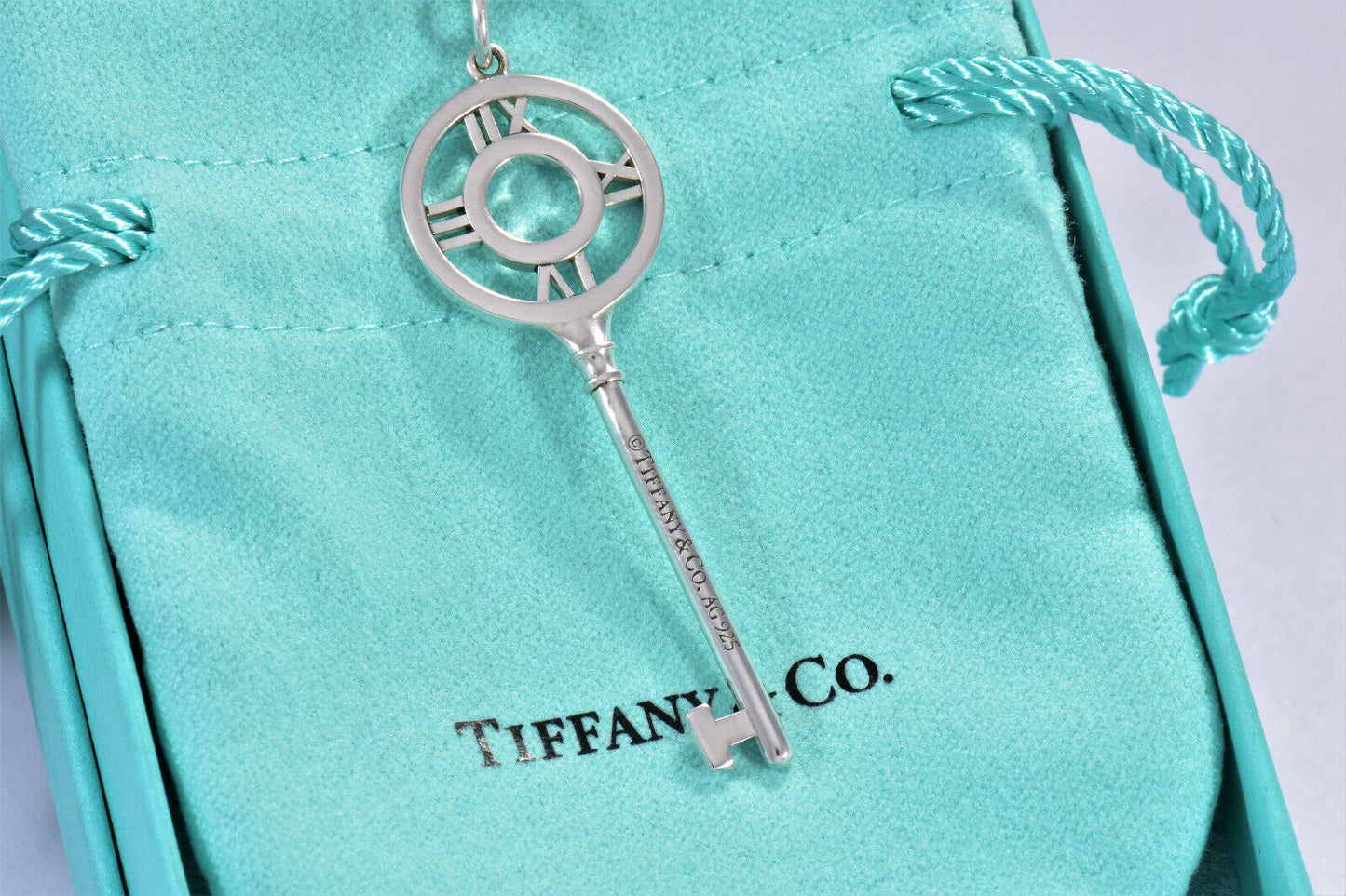 Tiffany & Co Silver 2.25" Atlas Charm Key Pendant 30.25" Necklace in Pouch XL