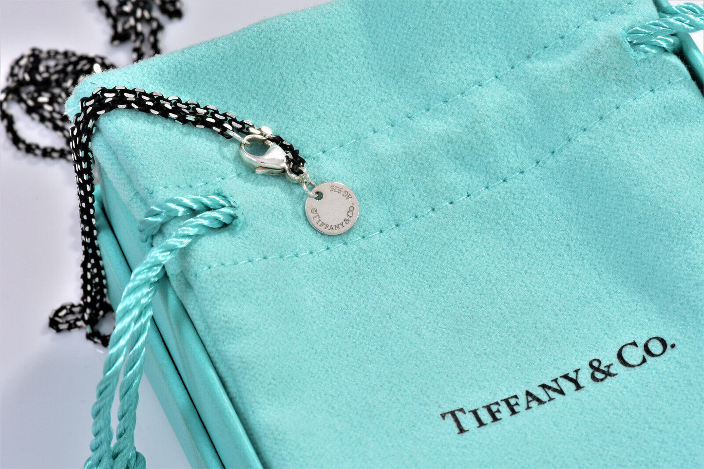 Tiffany & Co Sterling Silver Back Enamel Sparkle Chain Link Necklace & Box Pouch