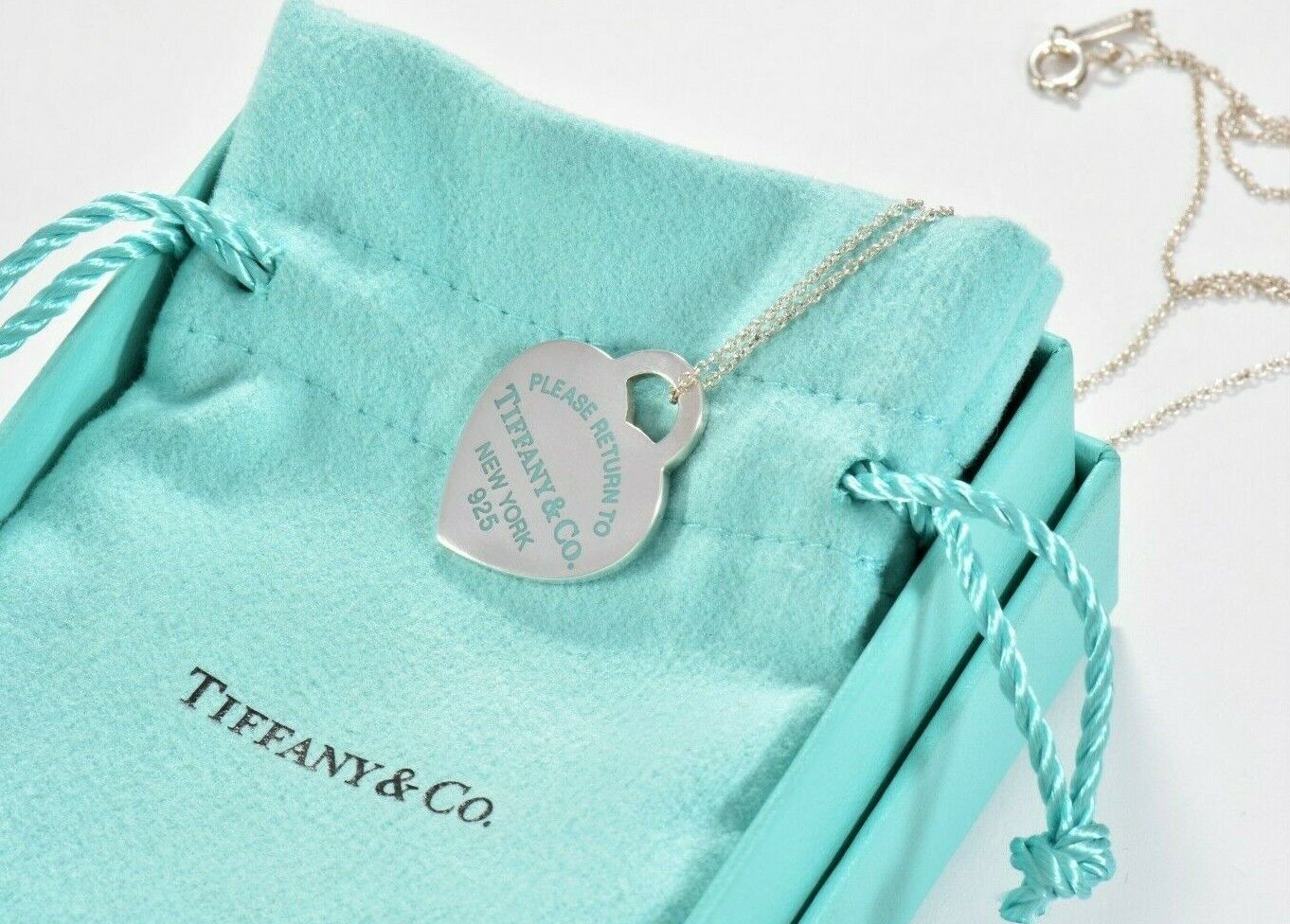 Please Return To Tiffany & Co Silver Heart Blue Enamel Letters 16" Necklace Rare