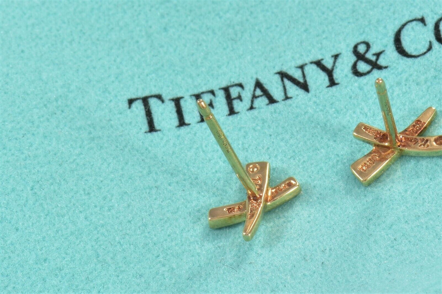 Tiffany & Co 18k Yellow Gold "X" Signature Stud 9mm Small Earrings and Box Pouch