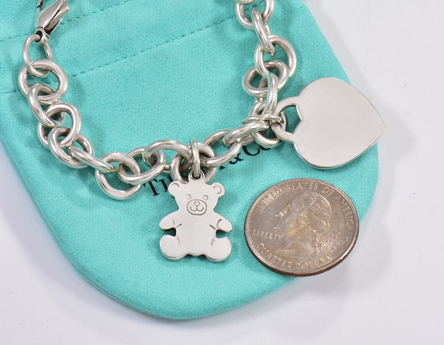 Tiffany & Co Silver Teddy Bear Heart Tag Two Charm 7.75" Chain Link Bracelet