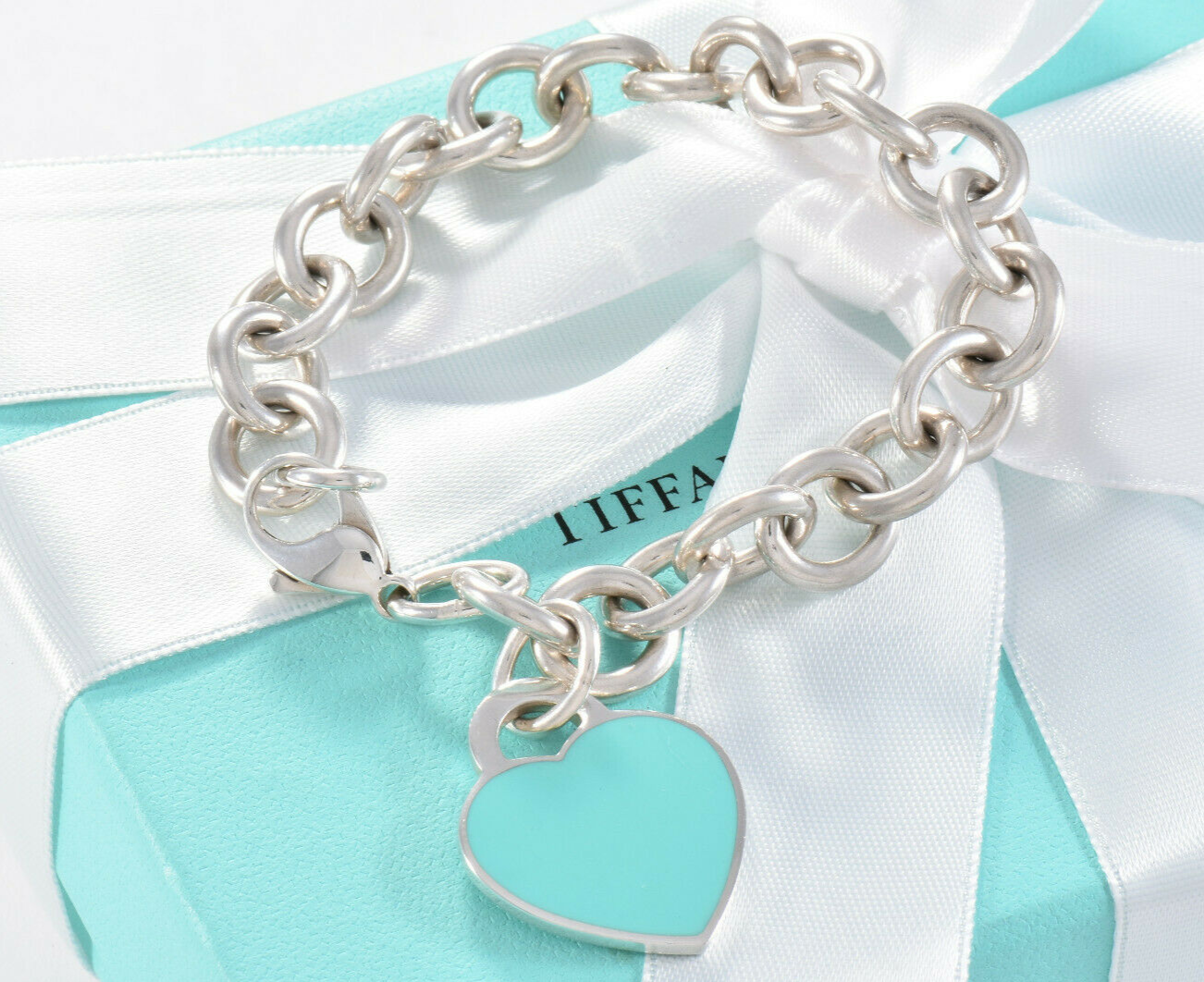 Please Return To Tiffany & Co Silver Blue Enamel Heart Chain Link 7.7" Bracelet