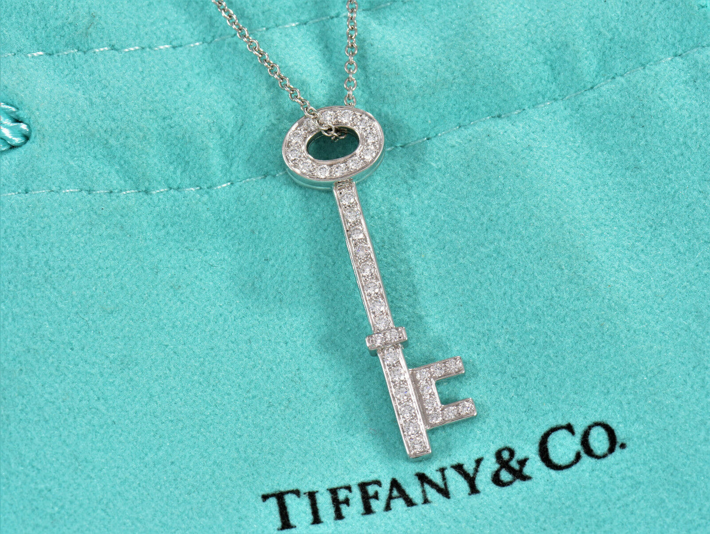 Tiffany & Co Diamond Platinum 1.25" Oval Key Pendant 18.5" Necklace in Box Pouch