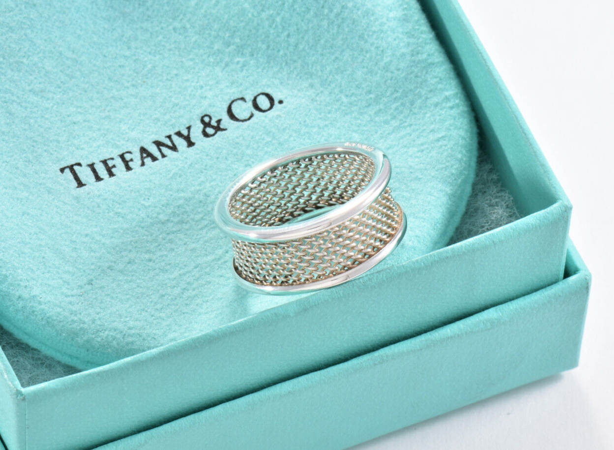 Tiffany & Co Sterling Silver Mesh Wide Bar Band Size 5.5 Ring In Pouch Unisex