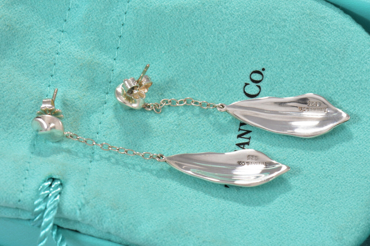 Vintage Tiffany & Co Silver Nature Leaf Dangle Drop Earrings Pouch Rare Dangling