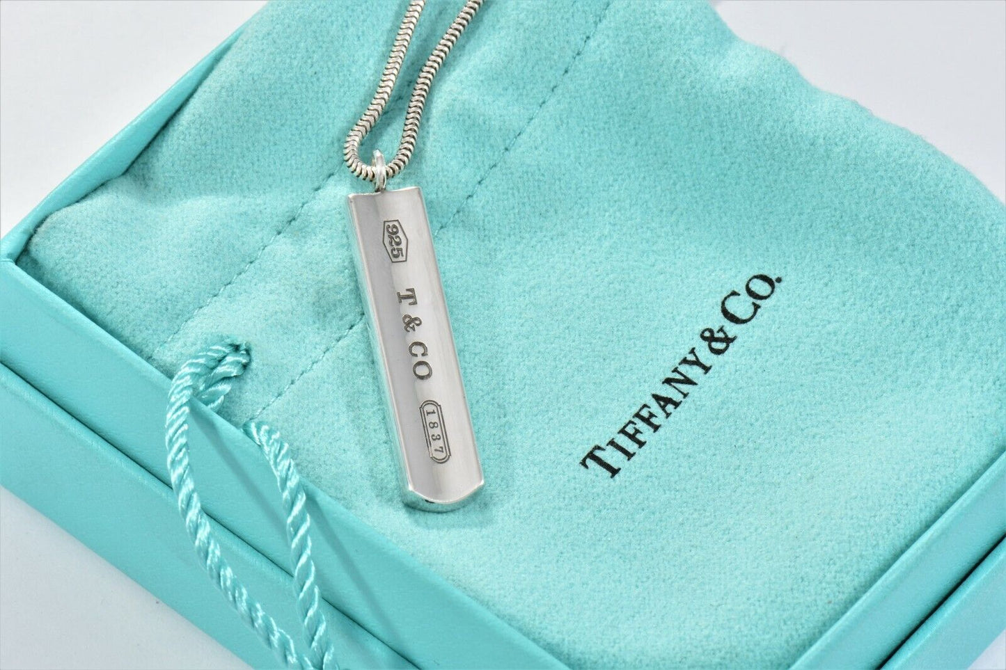 Tiffany & Co Sterling Silver 1837 Bar Pendant 18" Snake Chain Necklace in Pouch