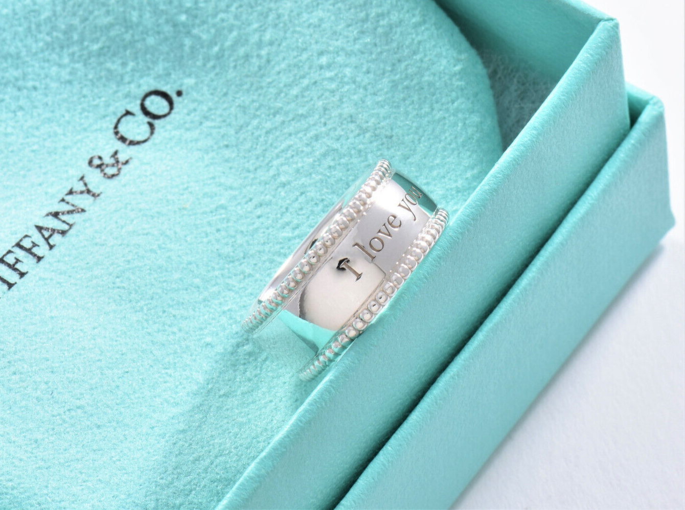 Tiffany & Co Sterling Silver I Love You Bead Edge Ring Size 7 in Pouch Yours