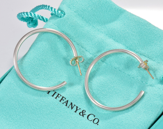 Tiffany & Co Silver 1.25" Large Narrow Tube Hoop Earrings in Box Rare 31mm Bar