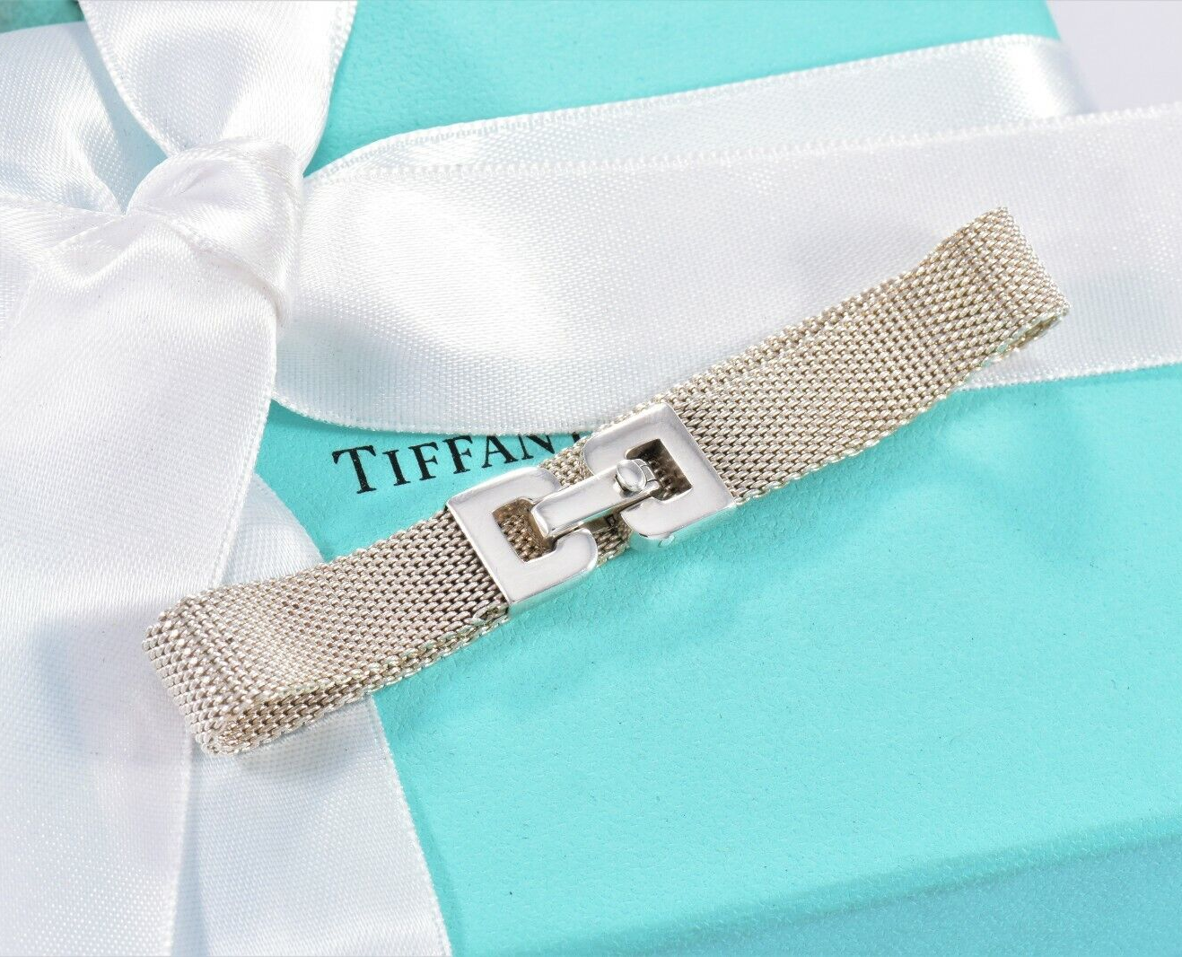 Tiffany & Co Sterling Silver Somerset Mesh Buckle 7" Bracelet & Pouch Rare Weave