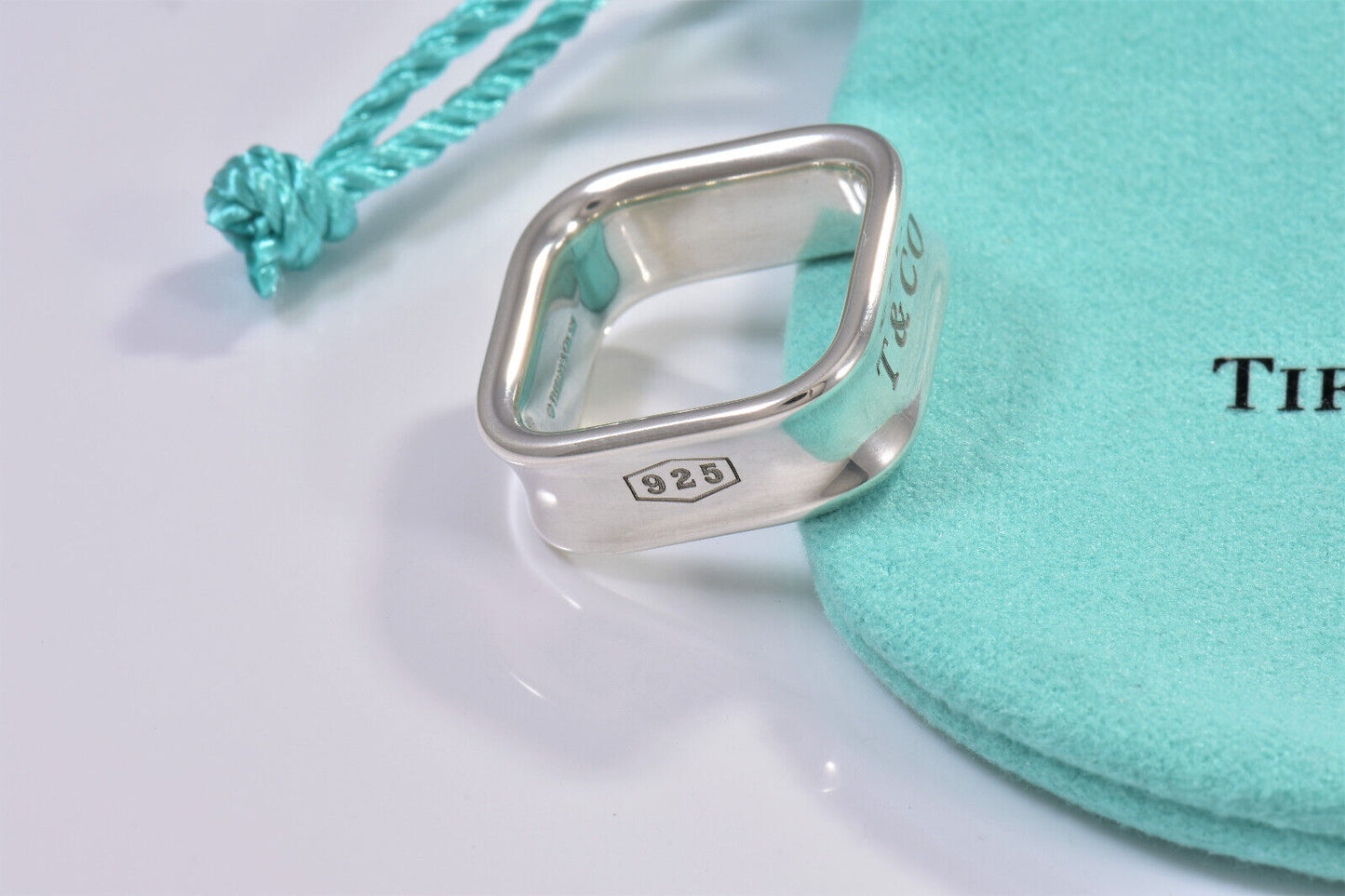 Tiffany & Co 1837 Sterling Silver Square Wide Band Ring Size 6.5 and Pouch Rare