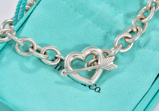 Vintage Tiffany & Co Silver Heart Arrow Toggle Chain 18" Necklace in Pouch Rare