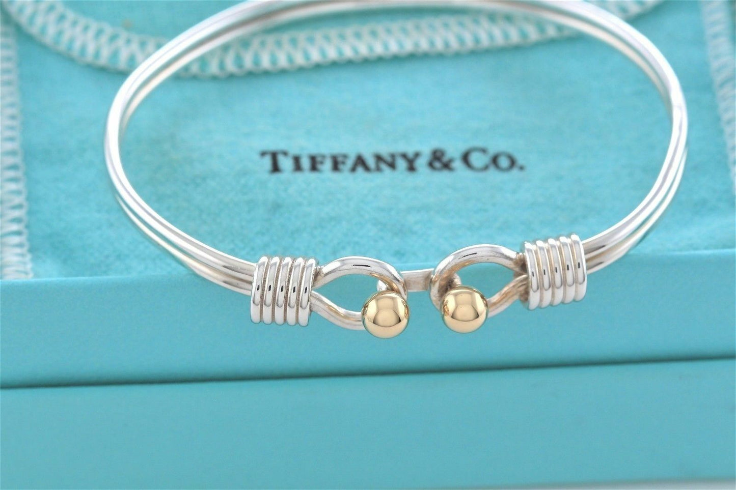 Vintage Tiffany & Co Silver 18K Gold Ball Coil Hook Bangle 6.6" Bracelet Cuff