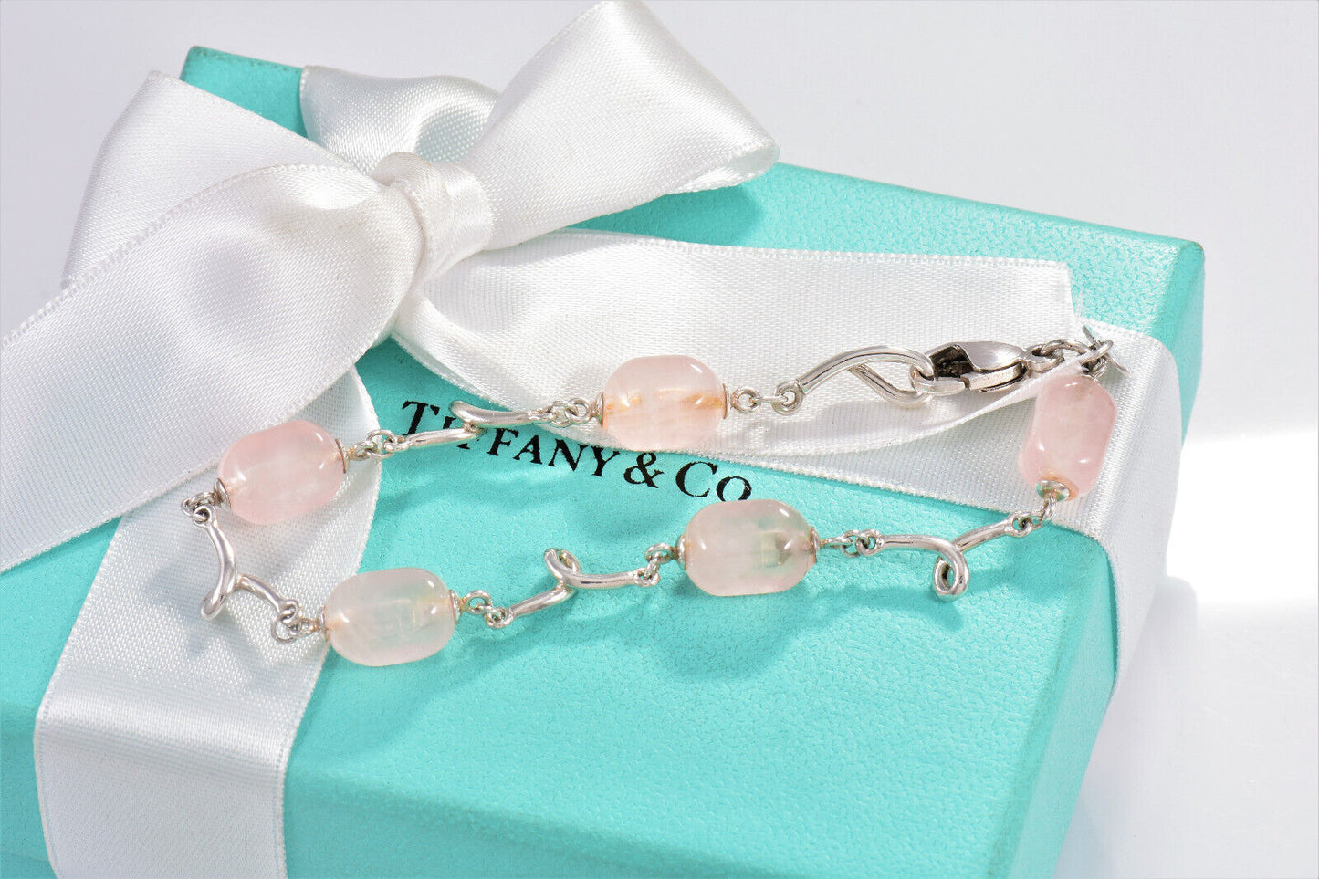 Tiffany & Co Silver Pink Rose Quartz Bead 7.25" Bracelet Twist Link & Pouch Rare